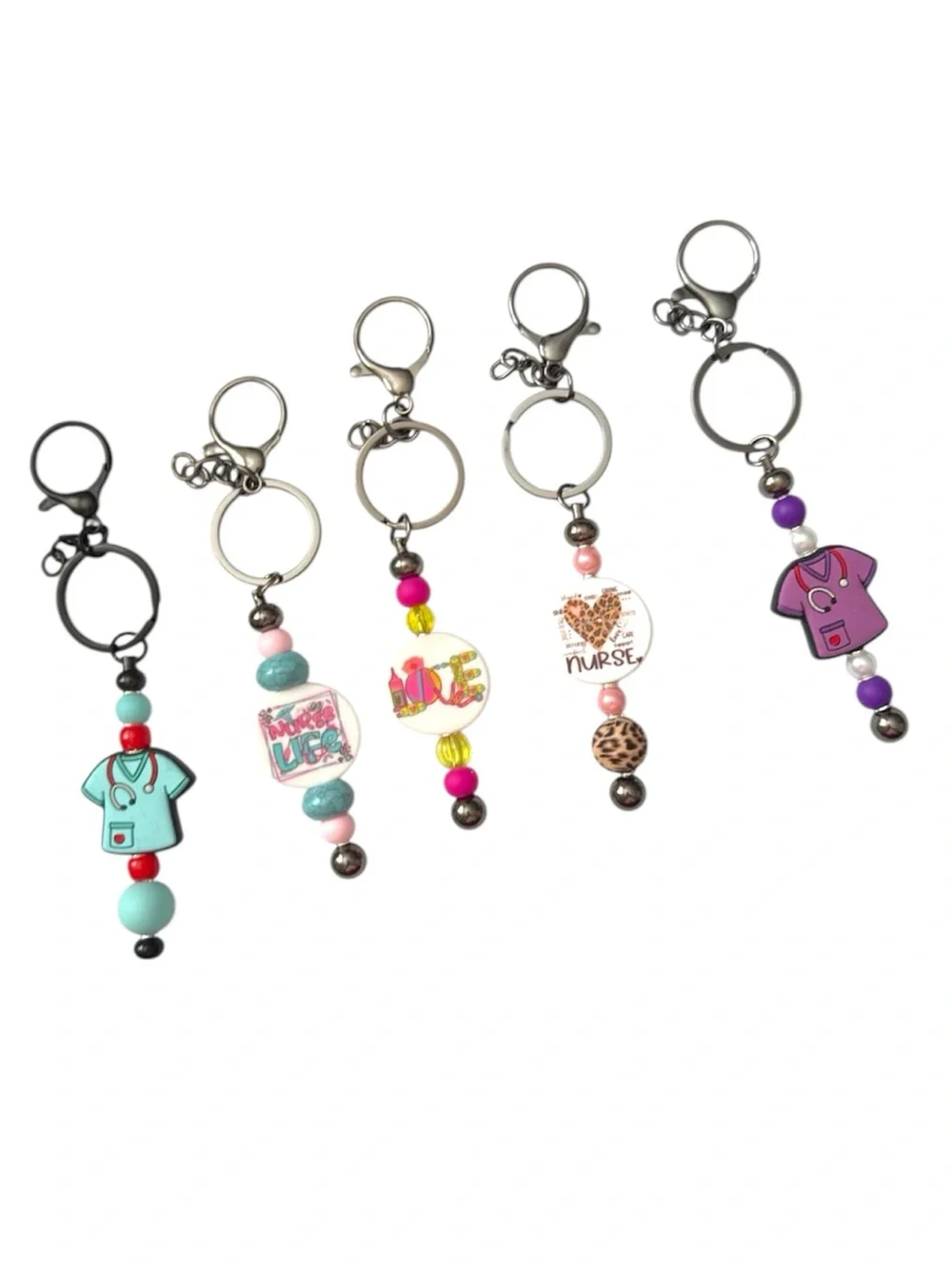 Nurse Leopard Heart Beaded Keychain - Pink & Black Accent